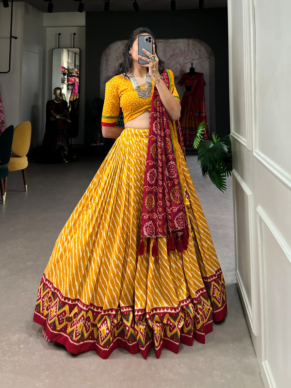 Lorenvalley Yellow Tussar Silk Lehenga Leheriya Patola Print Border With Choli Bandhej Print With Bandhej Print Gotta Patti Lace Border Dupatta - Distacart