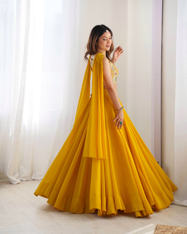 Lorenvalley Yellow Faux Georgette Stitched Lehenga Embroidery Blouse with Dupatta - Distacart