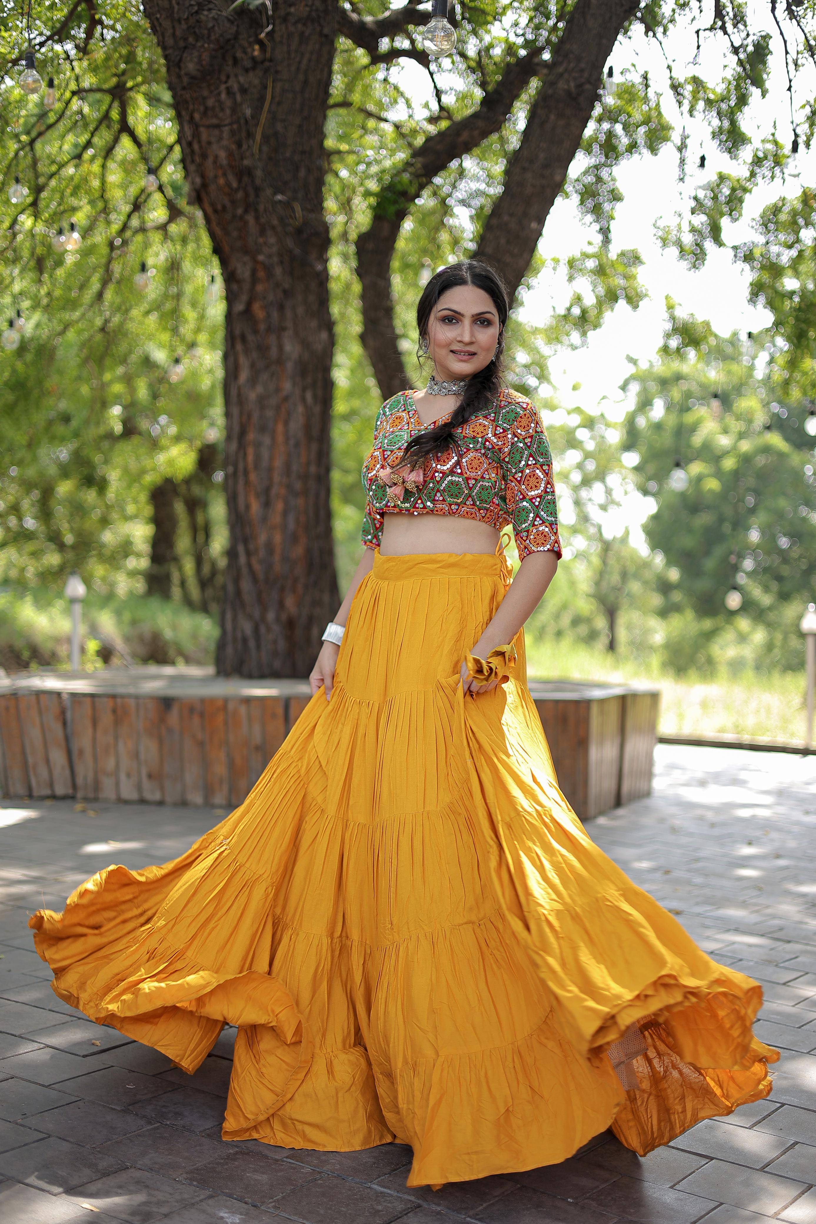 Lorenvalley Yellow Premium Rayon Lehenga with Georgette Embroidered Traditional Thread work Choli - Distacart