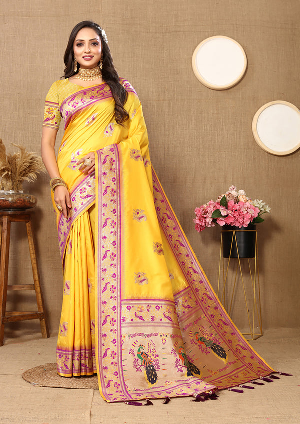 Lorenvalley Fashion Yellow Soft Paithani Silk Woven Design Rich Meenakari Zari Weaving Pallu Saree - Distacart