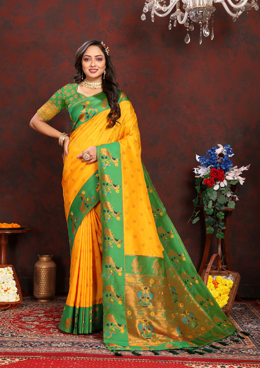 Lorenvalley Fashion Yellow Soft Paithani Silk Woven Design Rich Zari Meenakari Weaving Saree - Distacart
