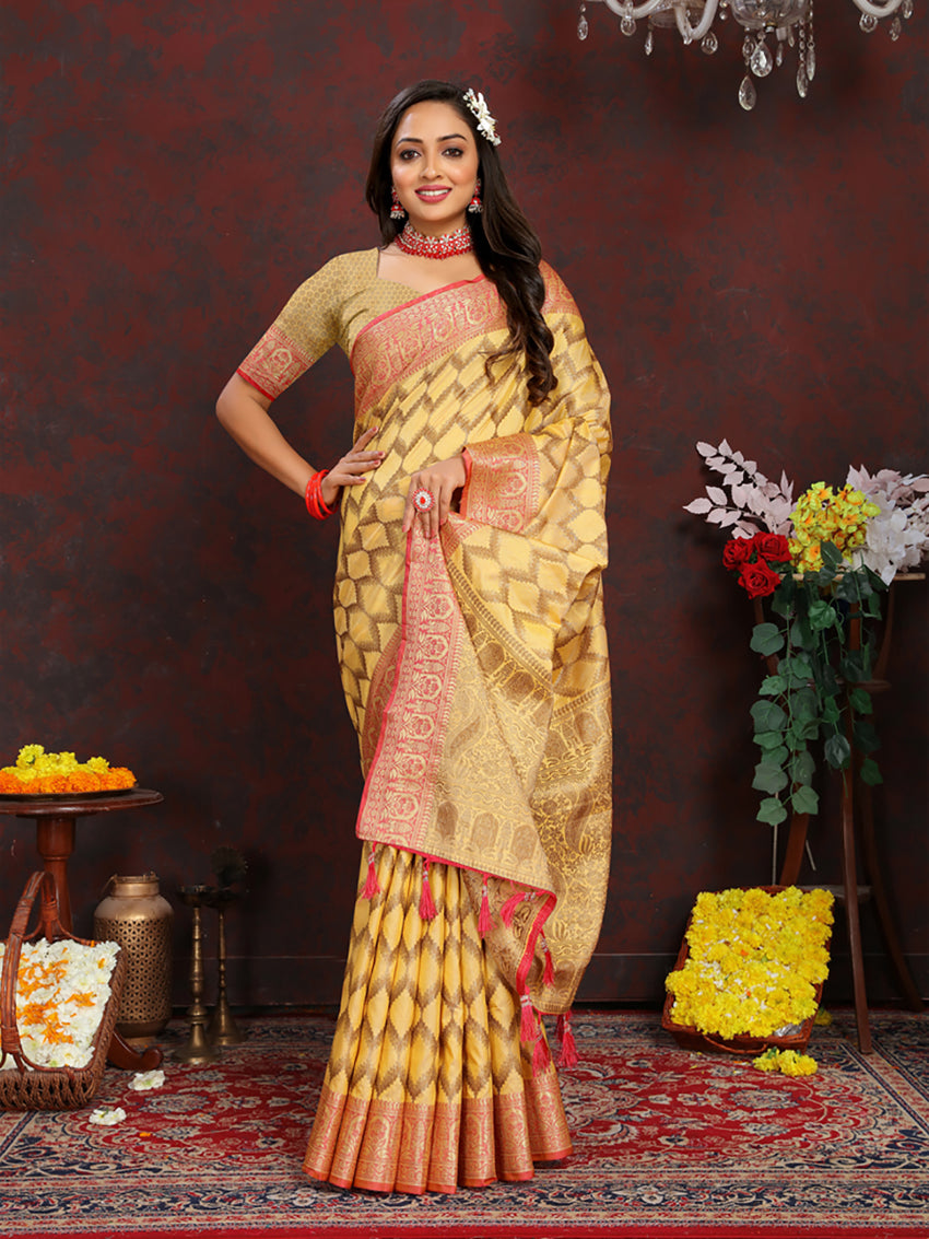 Lorenvalley Fashion Yellow Soft Katan Silk Woven Design Rich Zari Weaving Pallu Saree - Distacart