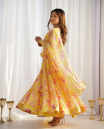 Thumbnail for Lorenvalley Women Pure Soft Faux Georgette Floral Print Fully Flair Anarkali Kurta Pant With Dupatta Set - Yellow - Distacart