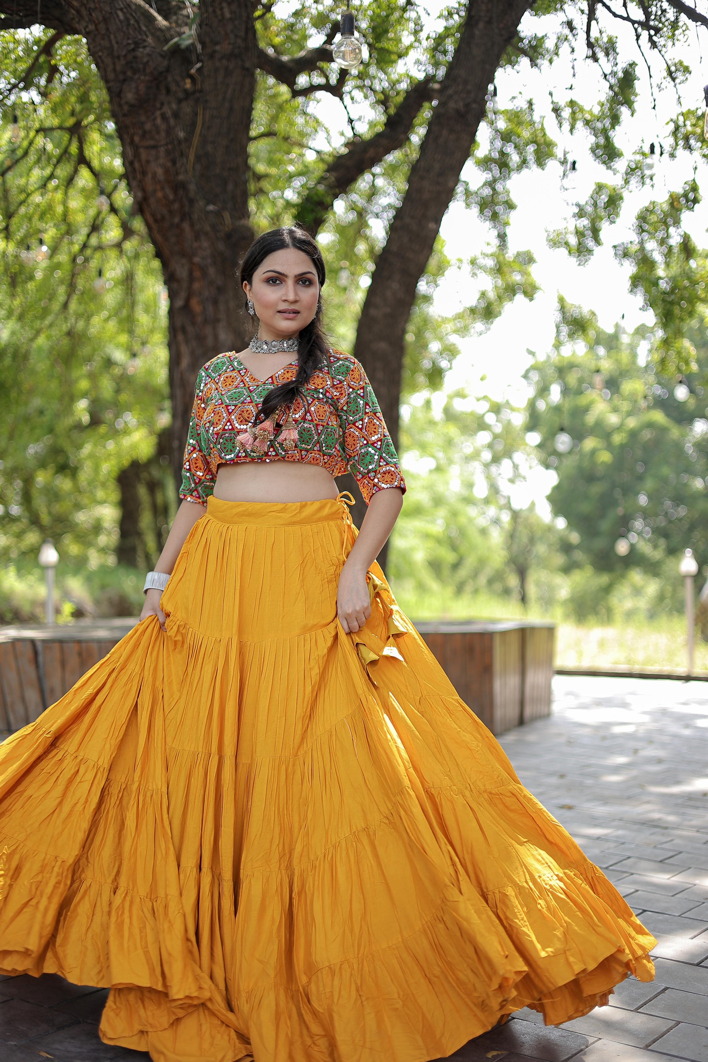 Lorenvalley Yellow Premium Rayon Lehenga with Georgette Embroidered Traditional Thread work Choli - Distacart