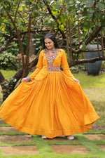 Thumbnail for Lorenvalley Yellow Rayon Fabric With Kutchi Gamthi Work Gown - Distacart