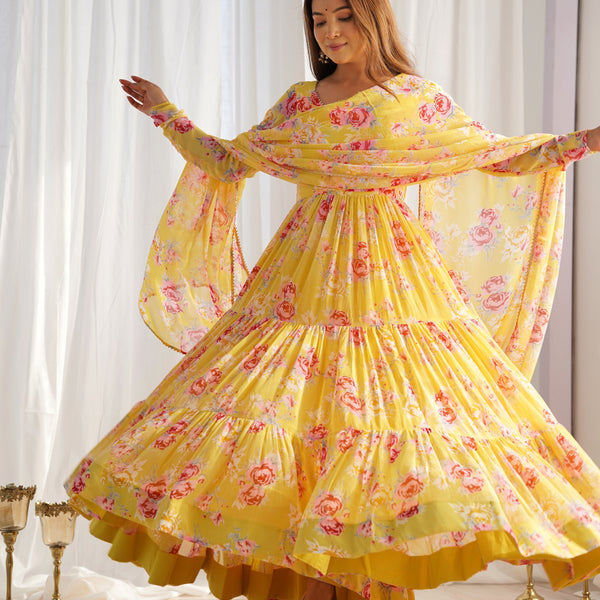 Lorenvalley Women Pure Soft Faux Georgette Floral Print Fully Flair Anarkali Kurta Pant With Dupatta Set - Yellow - Distacart