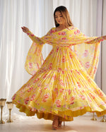 Thumbnail for Lorenvalley Women Pure Soft Faux Georgette Floral Print Fully Flair Anarkali Kurta Pant With Dupatta Set - Yellow - Distacart