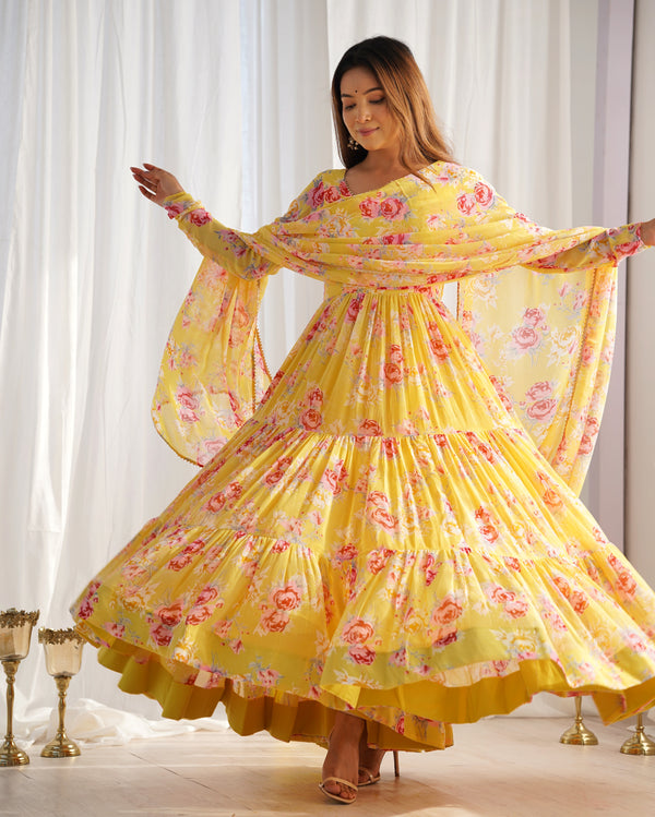 Lorenvalley Women Pure Soft Faux Georgette Floral Print Fully Flair Anarkali Kurta Pant With Dupatta Set - Yellow - Distacart