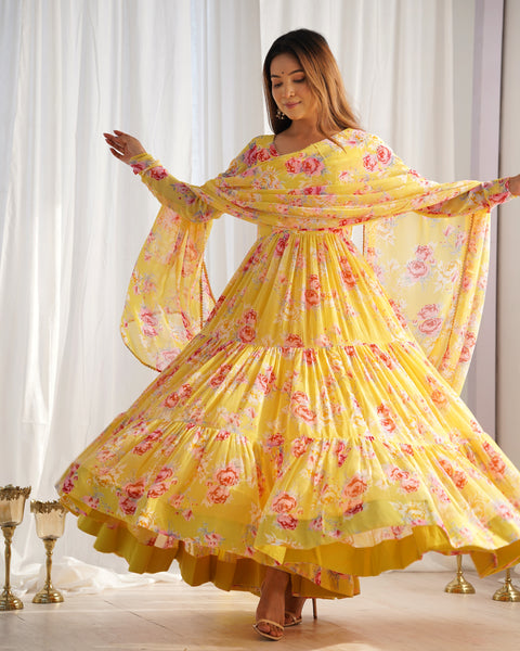 Lorenvalley Women Pure Soft Faux Georgette Floral Print Fully Flair Anarkali Kurta Pant With Dupatta Set - Yellow - Distacart