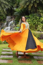 Thumbnail for Lorenvalley Yellow Rayon Fabric With Kutchi Gamthi Work Gown - Distacart