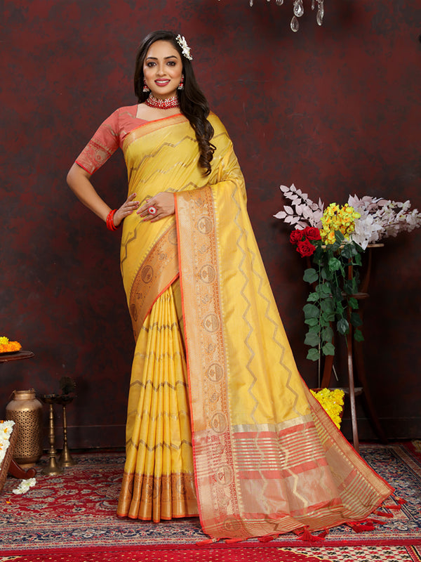Lorenvalley Fashion Yellow Soft Katan Silk Woven Design Zari Weaving Pallu Saree - Distacart