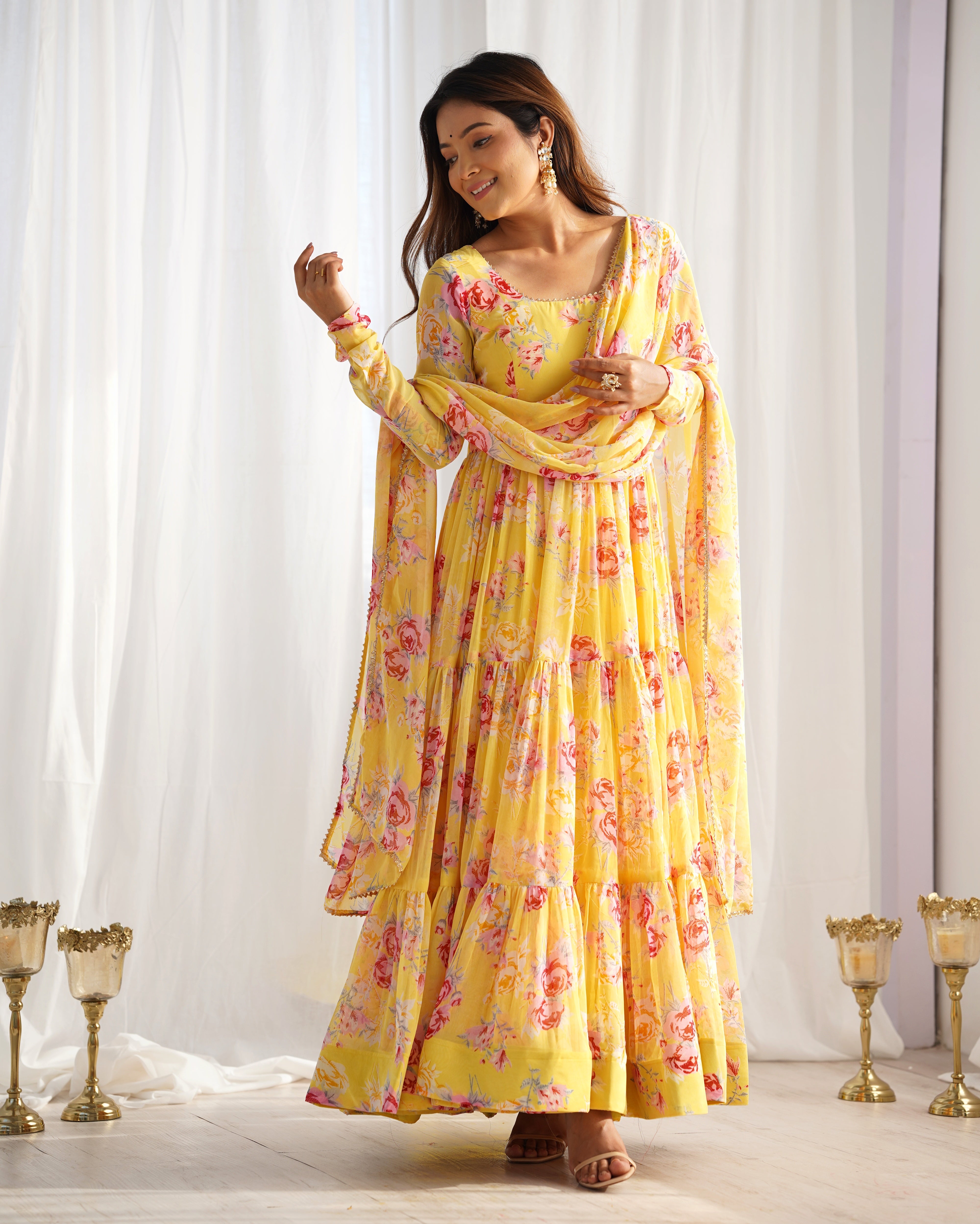 Lorenvalley Women Pure Soft Faux Georgette Floral Print Fully Flair Anarkali Kurta Pant With Dupatta Set - Yellow - Distacart