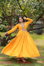 Thumbnail for Lorenvalley Yellow Rayon Fabric With Kutchi Gamthi Work Gown - Distacart