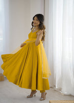 Thumbnail for Lorenvalley Fashion Yellow Pure Romansilk Chanderi Fabric Yoke Fancy Lace Work Anarkali Kurta Pant With Dupatta Set