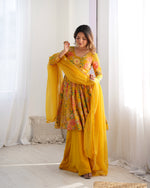 Thumbnail for Lorenvalley Women Pure Soft Roman silk Chanderi Discharge Print Fabric Kediya Kurta Palazzo with Dupatta Set - Yellow