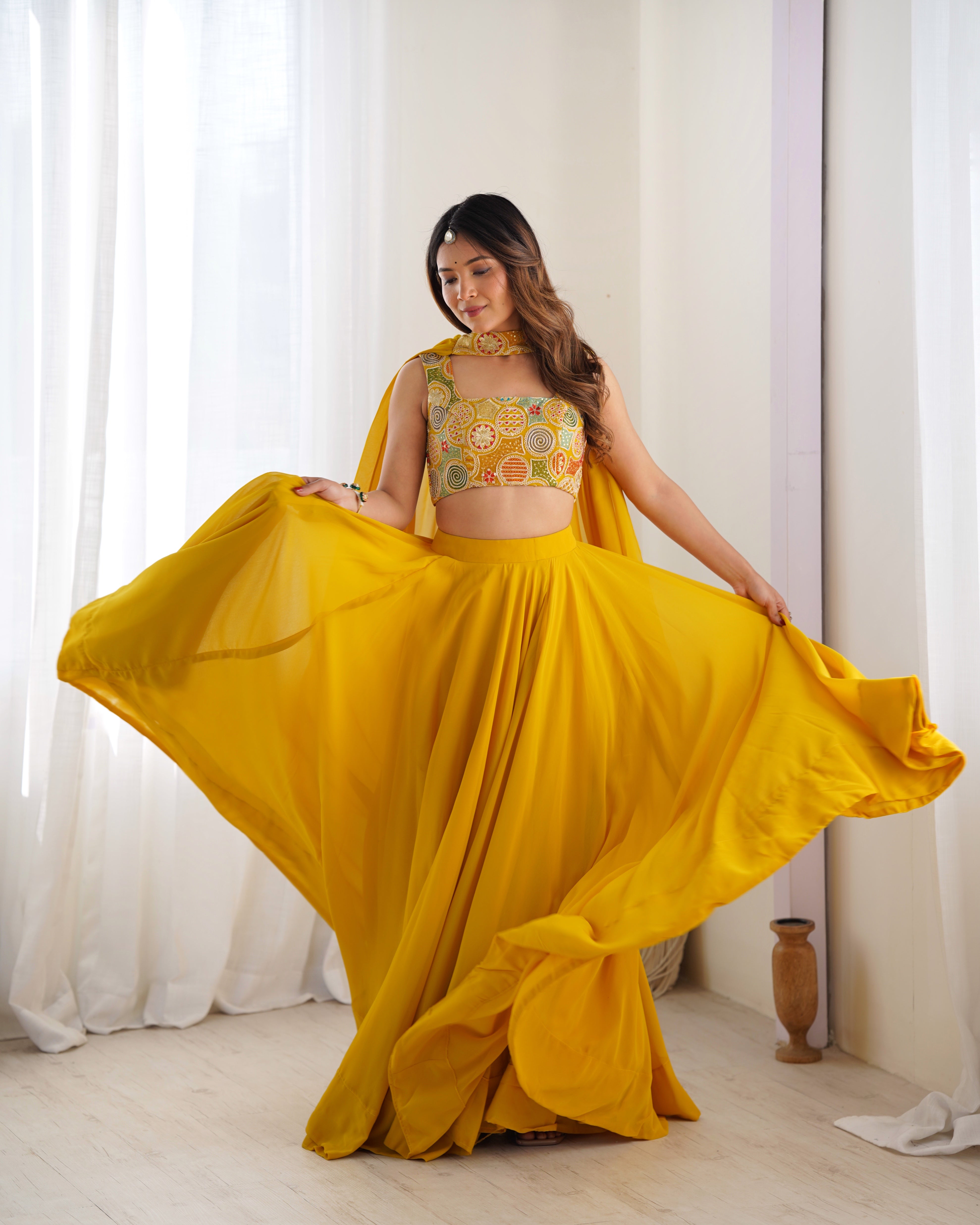 Lorenvalley Yellow Faux Georgette Stitched Lehenga Embroidery Blouse with Dupatta - Distacart