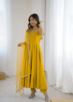 Thumbnail for Lorenvalley Fashion Yellow Pure Romansilk Chanderi Fabric Yoke Fancy Lace Work Anarkali Kurta Pant With Dupatta Set