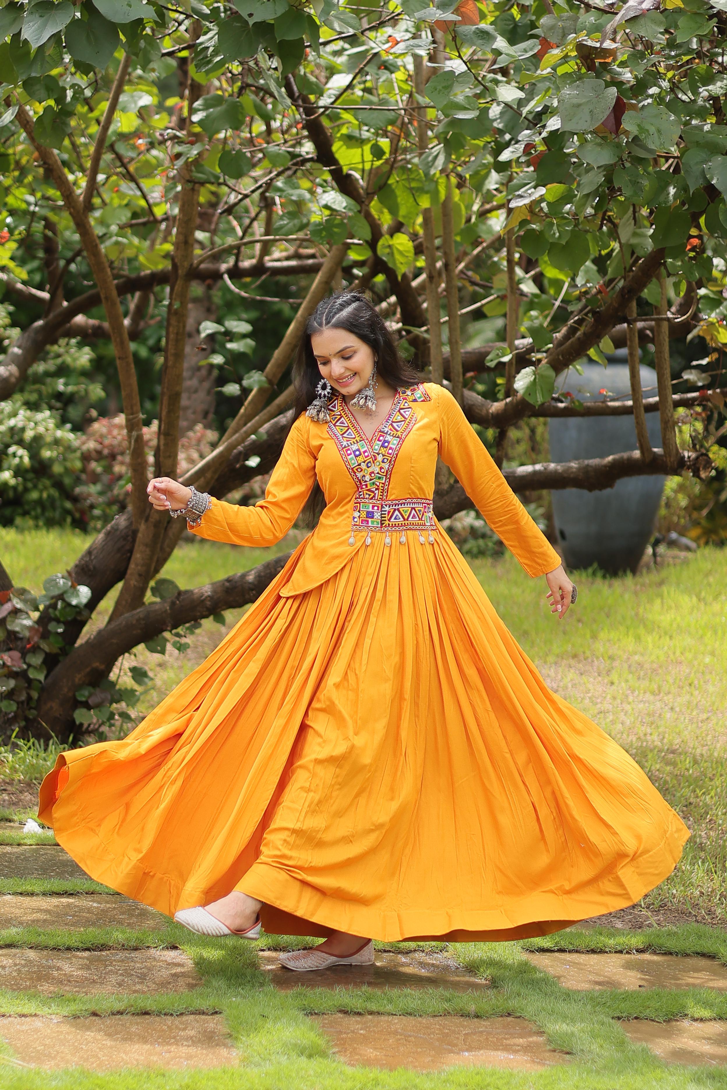 Lorenvalley Yellow Rayon Fabric With Kutchi Gamthi Work Gown - Distacart