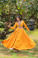 Thumbnail for Lorenvalley Yellow Rayon Fabric With Kutchi Gamthi Work Gown - Distacart
