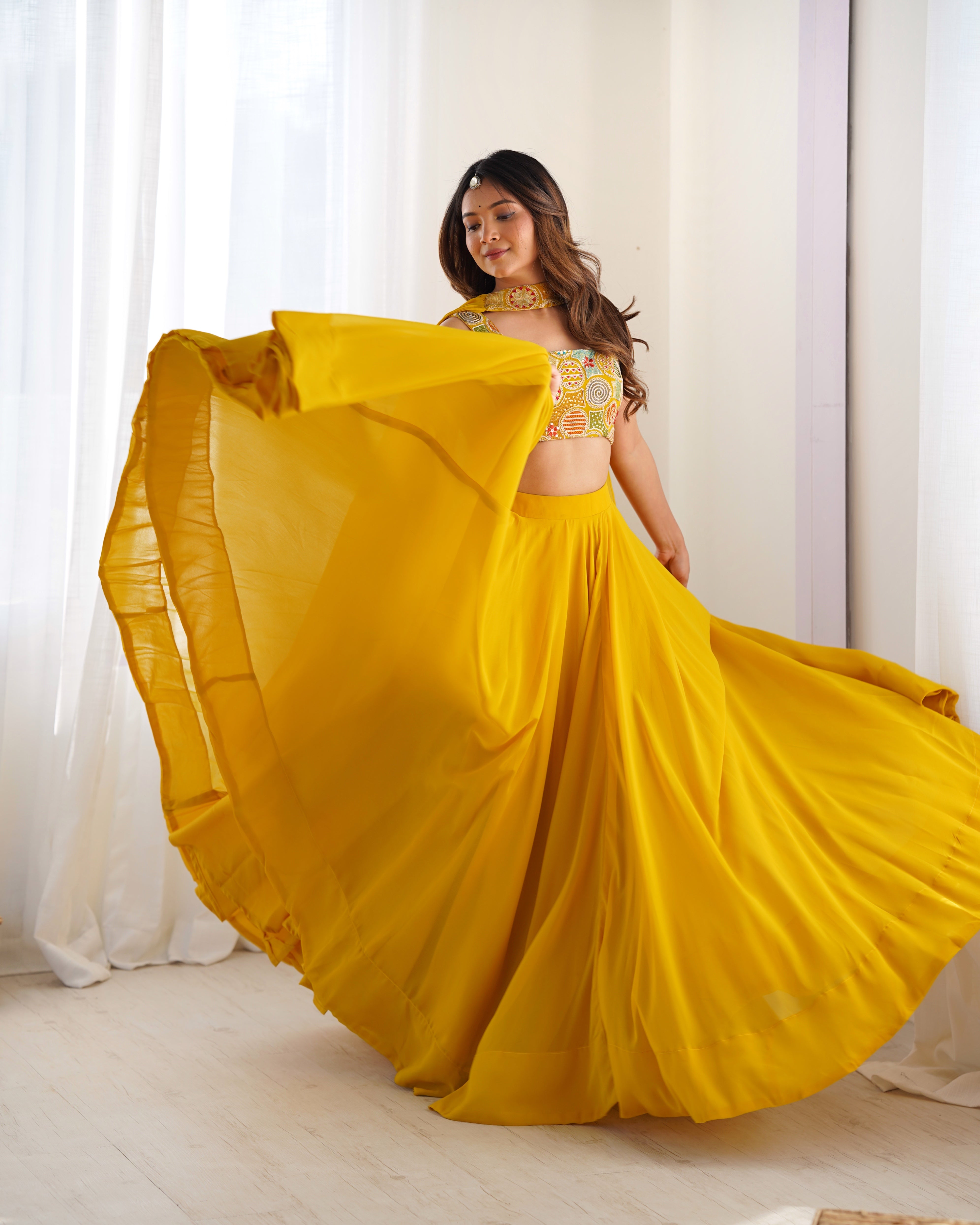 Lorenvalley Yellow Faux Georgette Stitched Lehenga Embroidery Blouse with Dupatta - Distacart