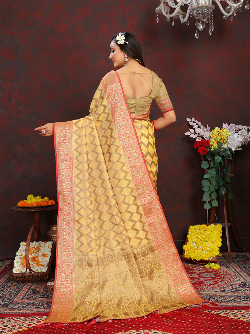 Lorenvalley Fashion Yellow Soft Katan Silk Woven Design Rich Zari Weaving Pallu Saree - Distacart
