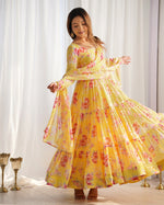 Thumbnail for Lorenvalley Women Pure Soft Faux Georgette Floral Print Fully Flair Anarkali Kurta Pant With Dupatta Set - Yellow - Distacart