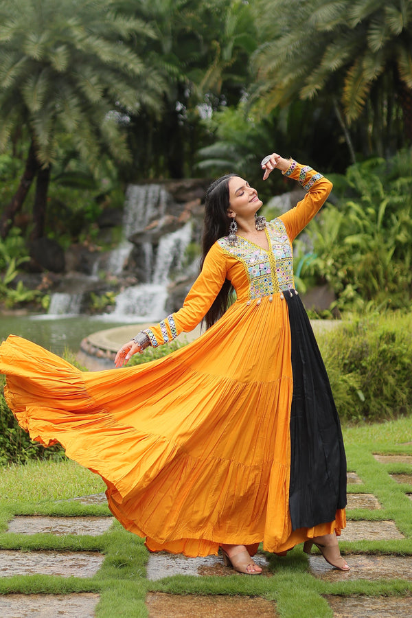 Lorenvalley Yellow Rayon Fabric With Kutchi Gamthi Work Gown - Distacart