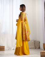 Thumbnail for Lorenvalley Women Pure Soft Roman silk Chanderi Discharge Print Fabric Kediya Kurta Palazzo with Dupatta Set - Yellow