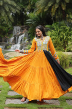 Thumbnail for Lorenvalley Yellow Rayon Fabric With Kutchi Gamthi Work Gown - Distacart