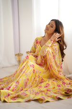 Thumbnail for Lorenvalley Women Pure Soft Faux Georgette Floral Print Fully Flair Anarkali Kurta Pant With Dupatta Set - Yellow - Distacart