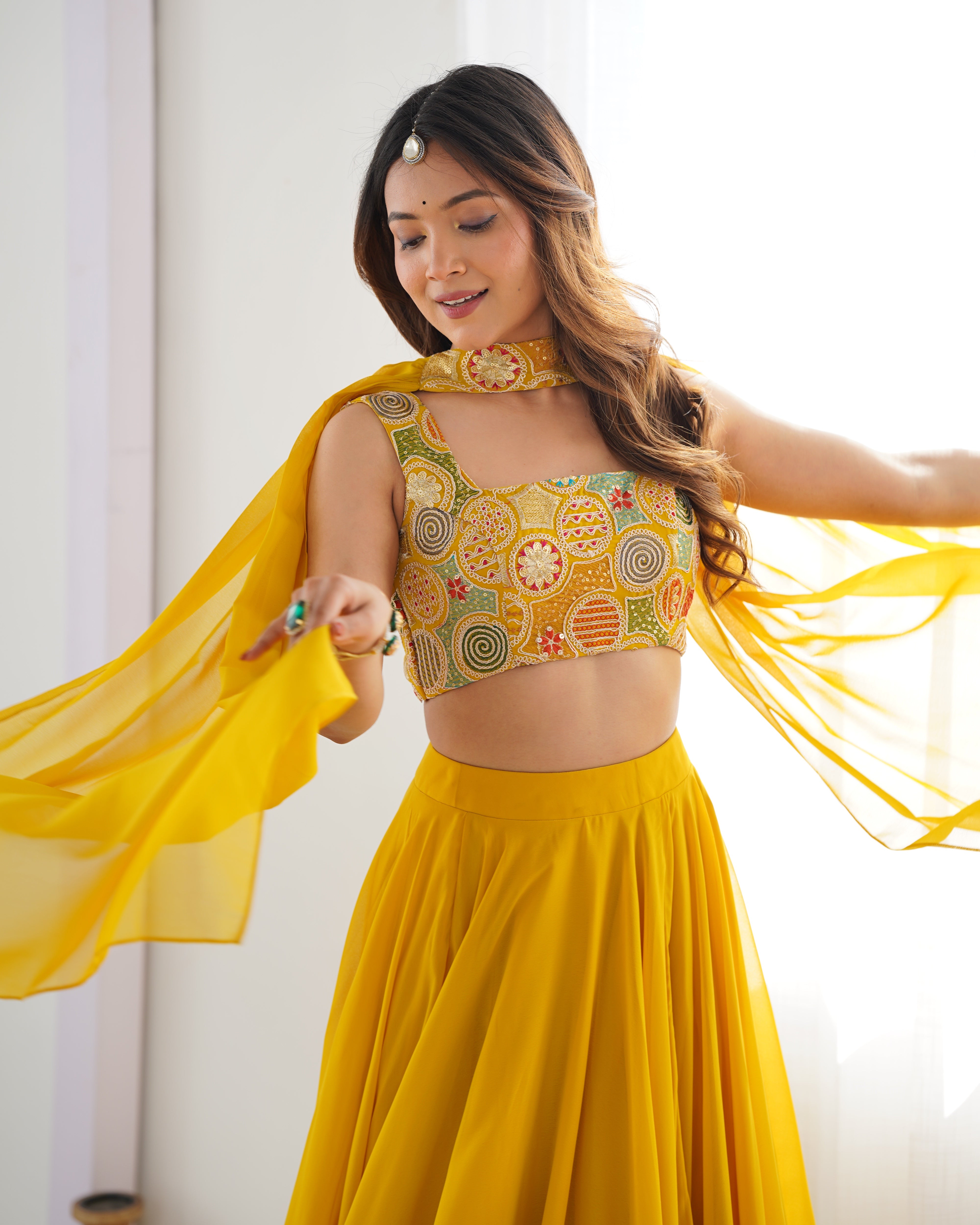 Lorenvalley Yellow Faux Georgette Stitched Lehenga Embroidery Blouse with Dupatta - Distacart