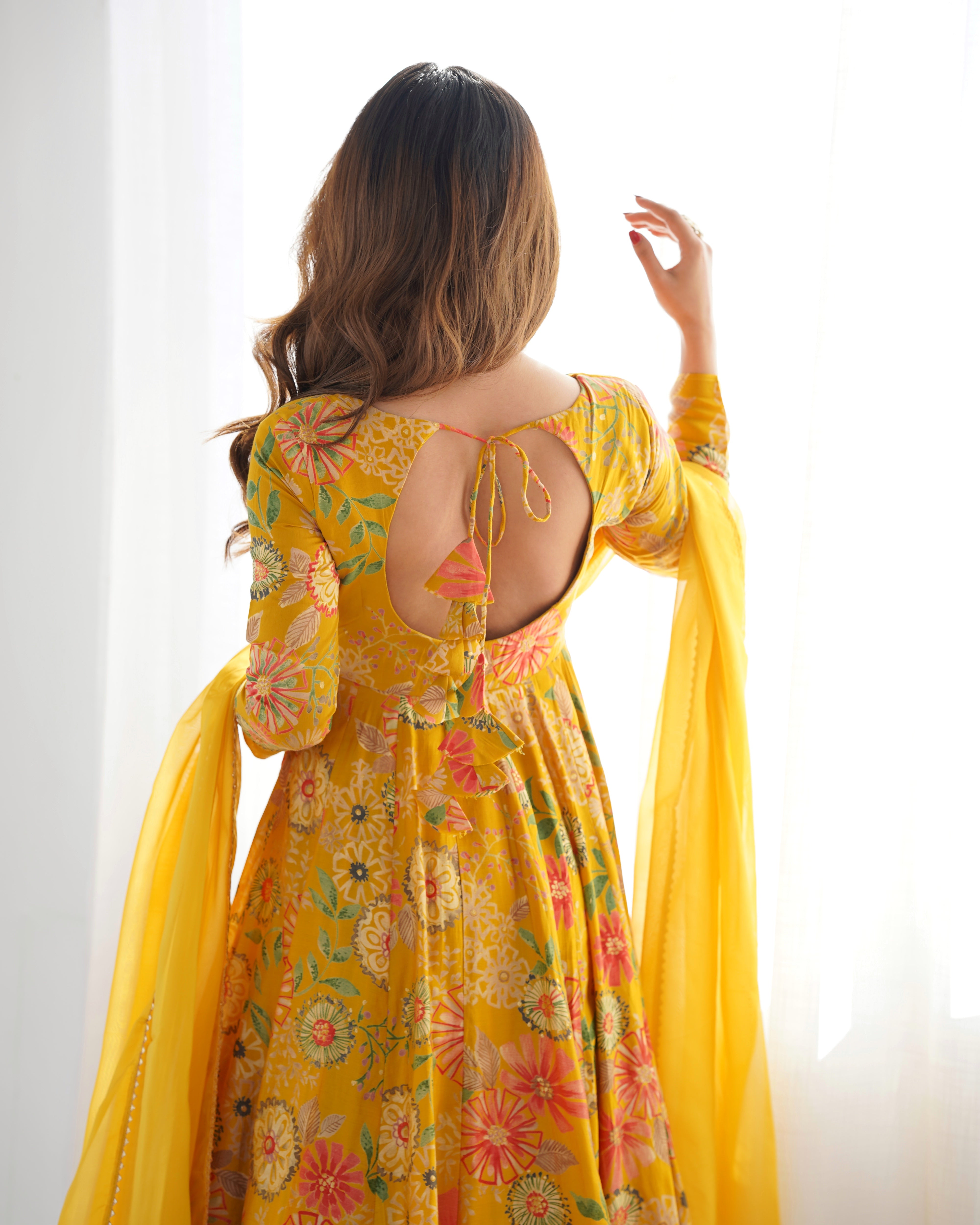 Lorenvalley Women Pure Soft Roman silk Chanderi Discharge Print Fabric Kediya Kurta Palazzo with Dupatta Set - Yellow