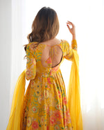 Thumbnail for Lorenvalley Women Pure Soft Roman silk Chanderi Discharge Print Fabric Kediya Kurta Palazzo with Dupatta Set - Yellow