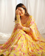 Thumbnail for Lorenvalley Women Pure Soft Faux Georgette Floral Print Fully Flair Anarkali Kurta Pant With Dupatta Set - Yellow - Distacart