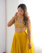Thumbnail for Lorenvalley Yellow Faux Georgette Stitched Lehenga Embroidery Blouse with Dupatta - Distacart