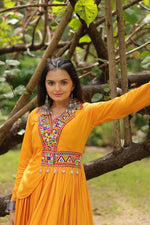 Thumbnail for Lorenvalley Yellow Rayon Fabric With Kutchi Gamthi Work Gown - Distacart