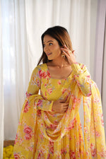 Thumbnail for Lorenvalley Women Pure Soft Faux Georgette Floral Print Fully Flair Anarkali Kurta Pant With Dupatta Set - Yellow - Distacart