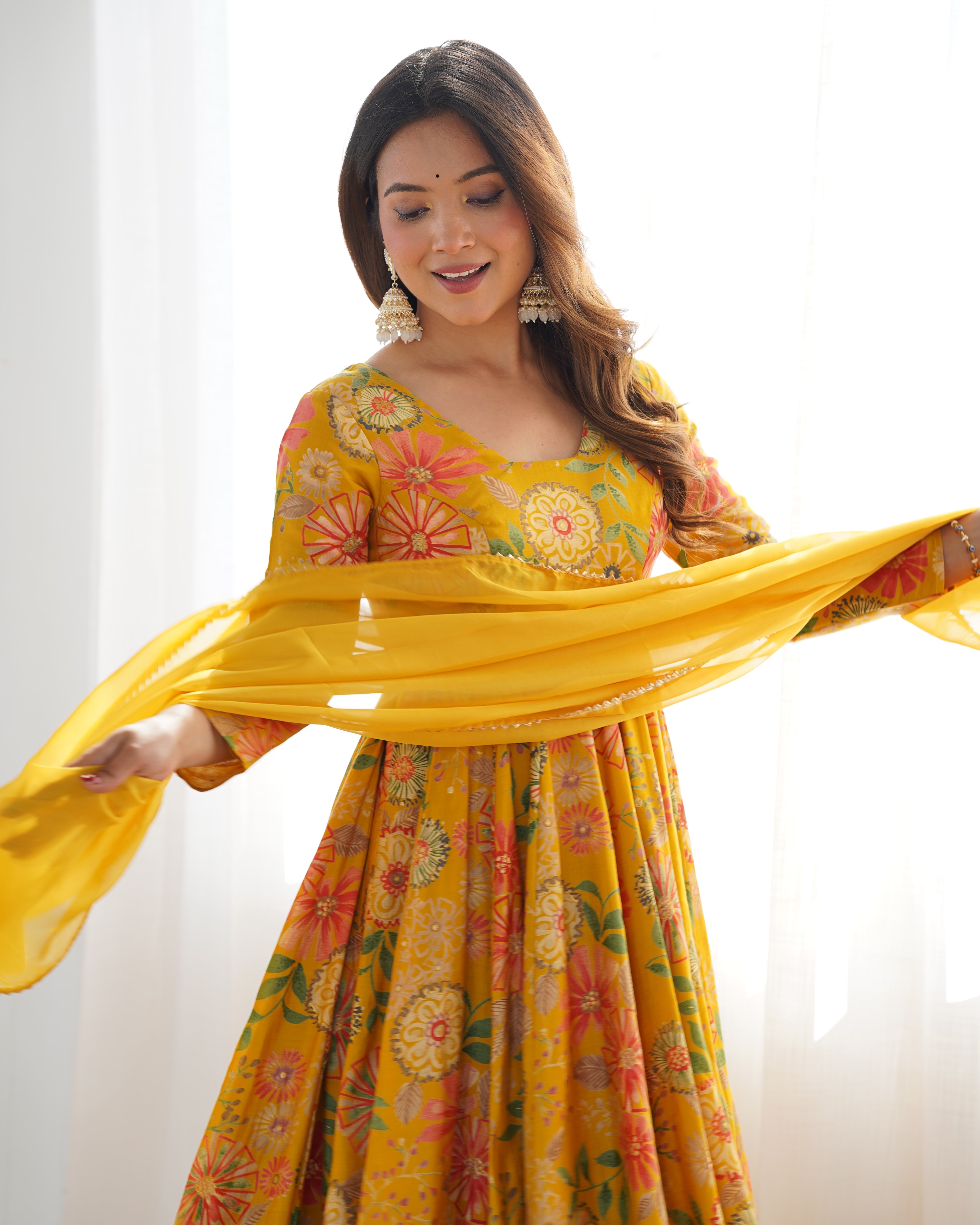 Lorenvalley Women Pure Soft Roman silk Chanderi Discharge Print Fabric Kediya Kurta Palazzo with Dupatta Set - Yellow