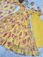 Thumbnail for Lorenvalley Women Pure Soft Faux Georgette Floral Print Fully Flair Anarkali Kurta Pant With Dupatta Set - Yellow - Distacart