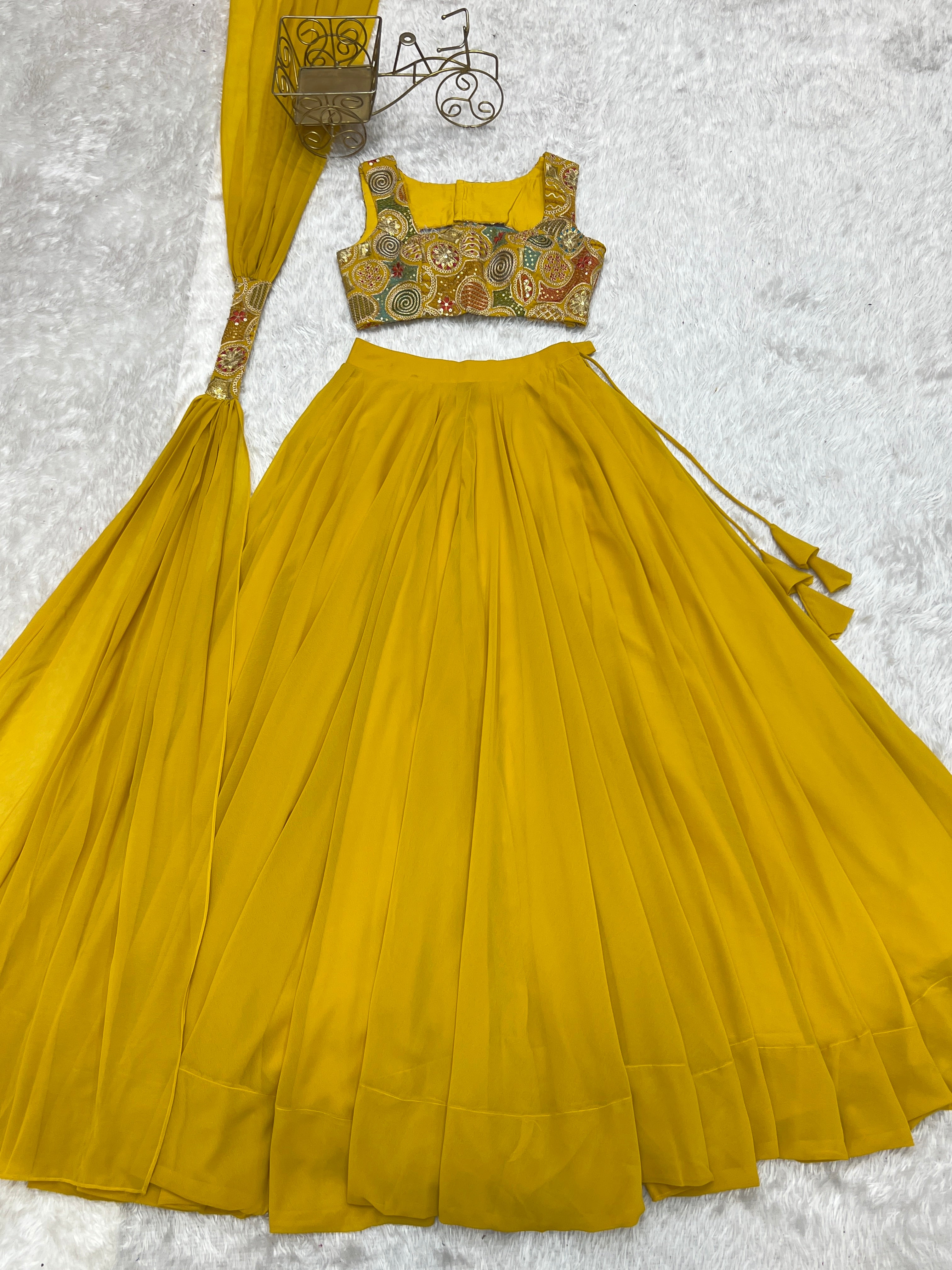 Lorenvalley Yellow Faux Georgette Stitched Lehenga Embroidery Blouse with Dupatta - Distacart