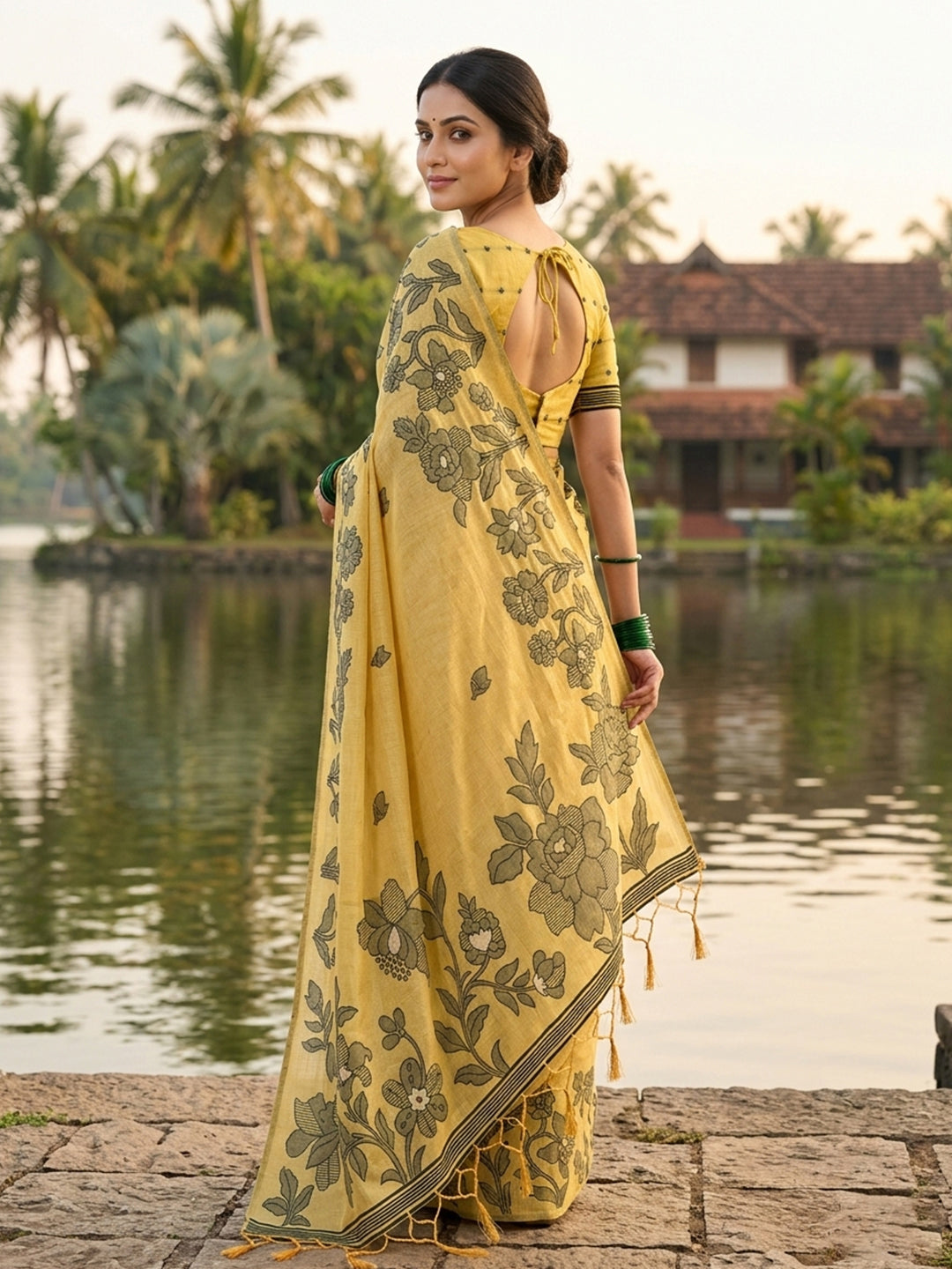 Anaita Yellow Linen Printed Saree With Blouse - Distacart