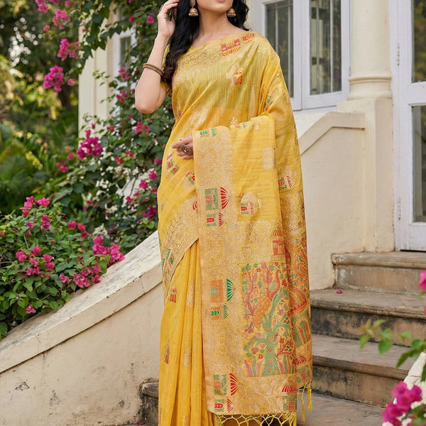 Anaita Yellow Linen Woven Work Saree With Blouse - Distacart