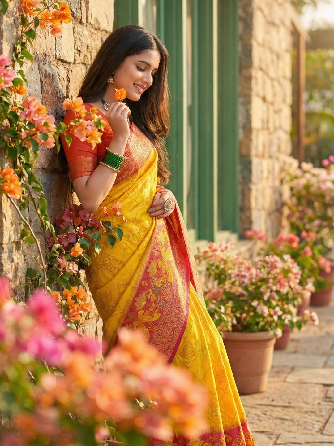 Anaita Yellow Pochampally Printed Saree With Blouse - Distacart