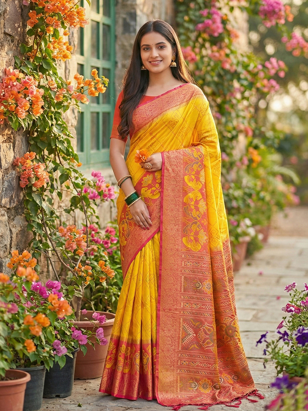Anaita Yellow Pochampally Printed Saree With Blouse - Distacart