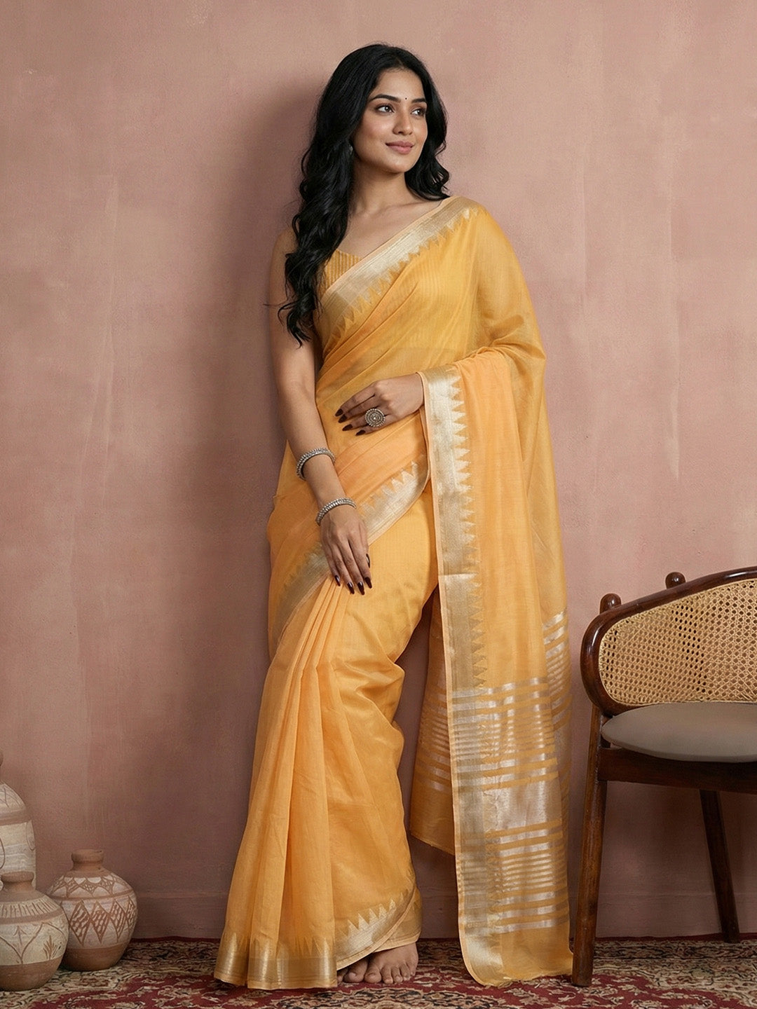 Anaita Yellow Cotton Saree With Blouse - Distacart