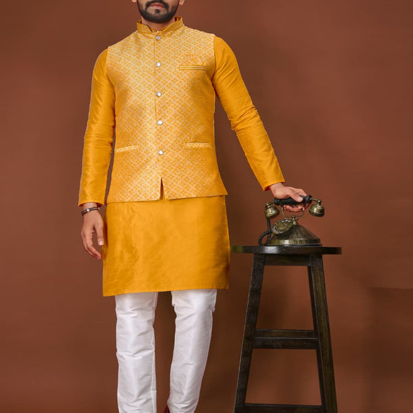 Anaita Yellow Jacquard Silk Straight Kurta With Koti & Pajama - Distacart