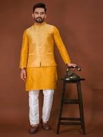 Thumbnail for Anaita Yellow Jacquard Silk Straight Kurta With Koti & Pajama - Distacart