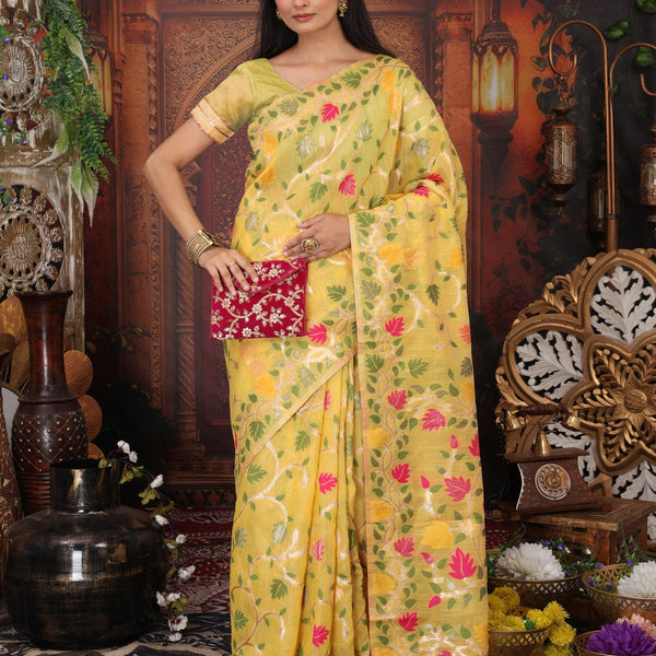 Anaita Yellow Linen Printed Saree With Blouse - Distacart