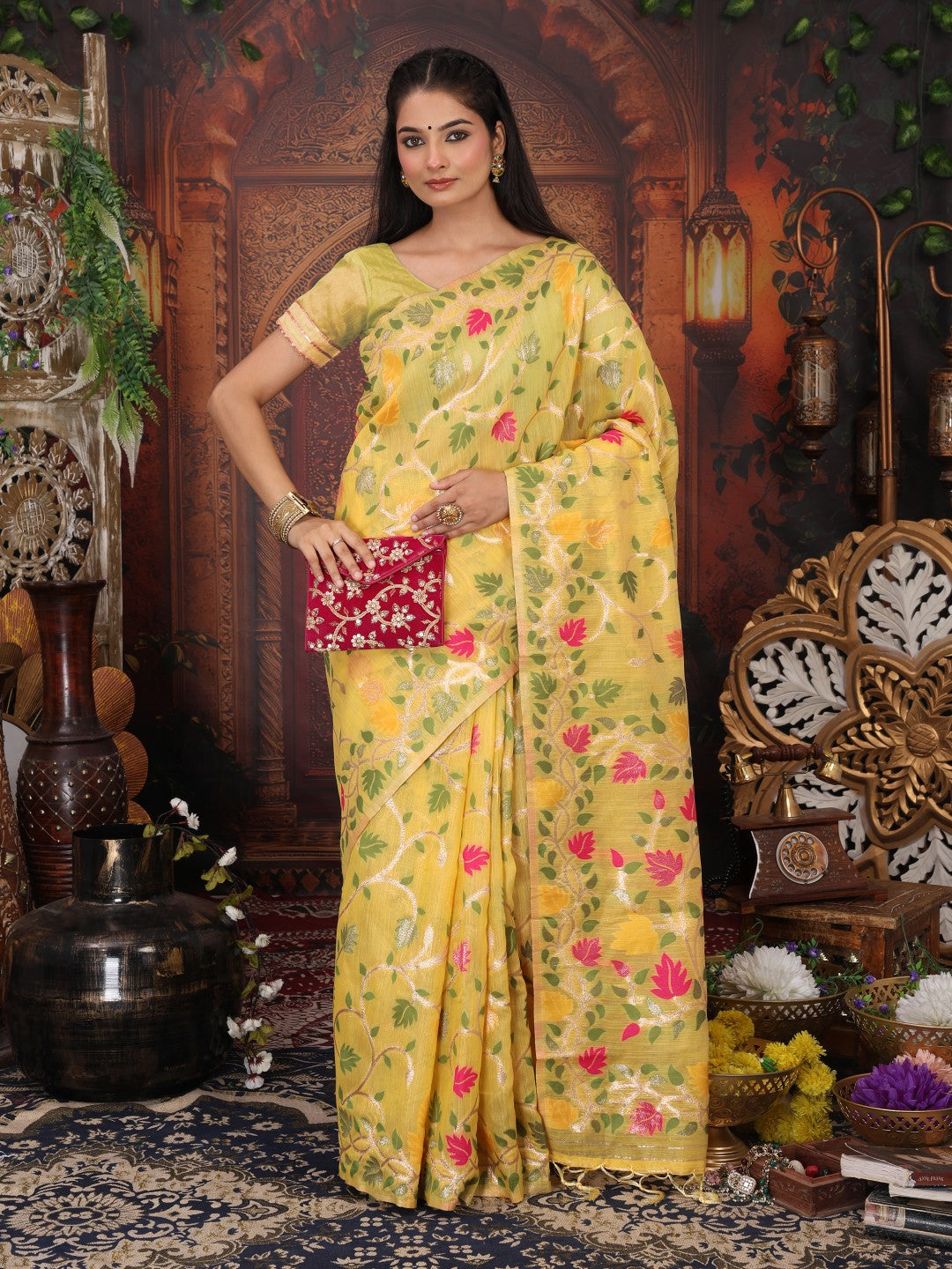 Anaita Yellow Linen Printed Saree With Blouse - Distacart