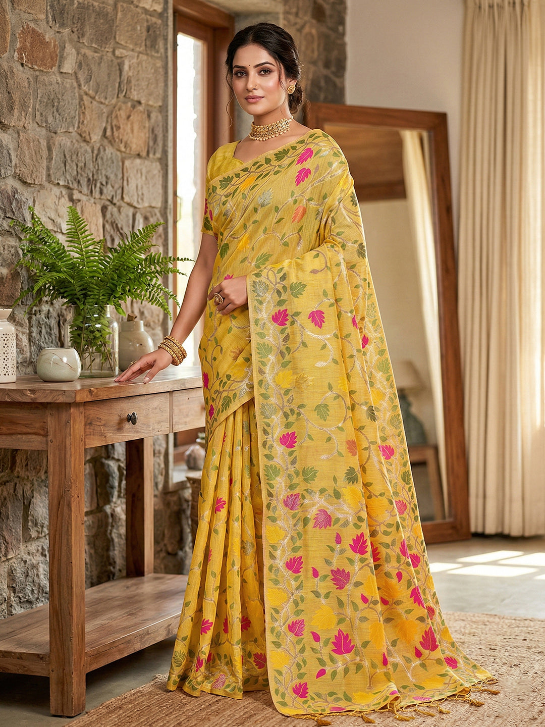 Anaita Yellow Linen Woven Work Saree With Blouse - Distacart